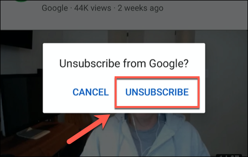 Toque em cancelar para confirmar que deseja cancelar a inscrição de um canal do YouTube