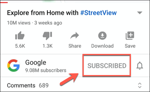 Toque em Inscrito para cancelar a inscrição de um vídeo no aplicativo do YouTube