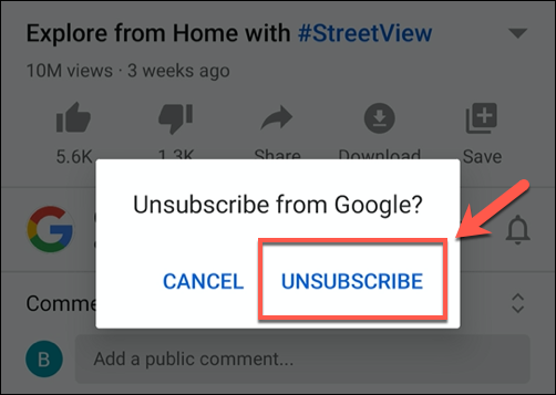 Toque em cancelar para cancelar a assinatura de um canal do YouTube