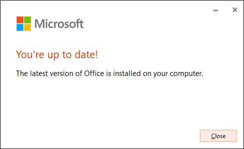 A mensagem "Você está em dia" confirmando que o Microsoft Office atualizou com sucesso seu software.