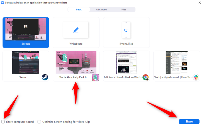 Clique no jogo Jackbox, clique na caixa ao lado da opção "Compartilhar som do computador" e clique em "Compartilhar".