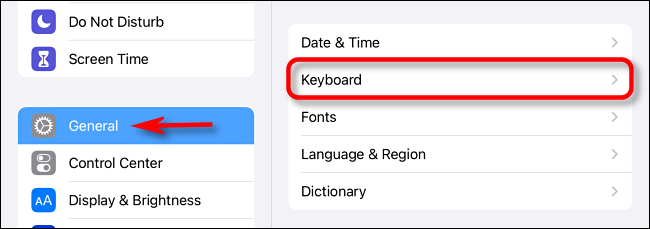 Toque em Geral e Teclado nas configurações do iPad.