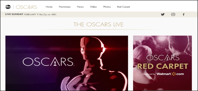 O site da ABC apresentando o Oscar.