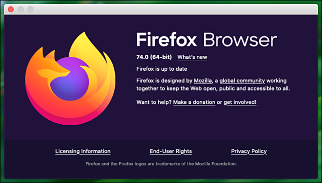 A janela "Sobre o Firefox" em um Mac.