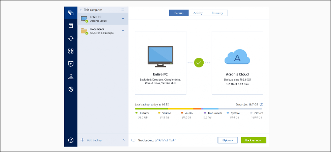 O menu de backup Acronis.