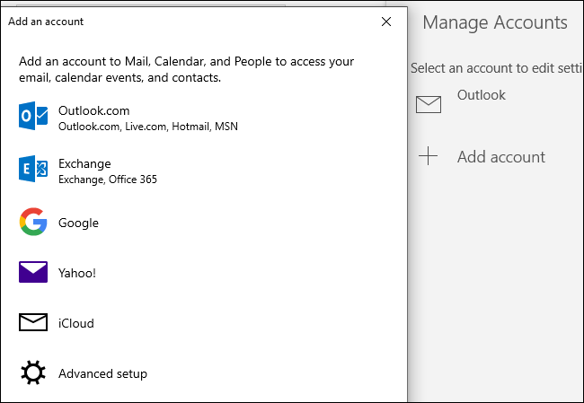 Adicionar uma conta Outlook.com, Exchange, Google, Yahoo! Ou iCloud ao calendário do Windows 10.