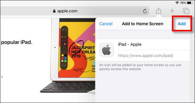 Toque em Adicionar para adicionar o ícone à tela inicial do iPad