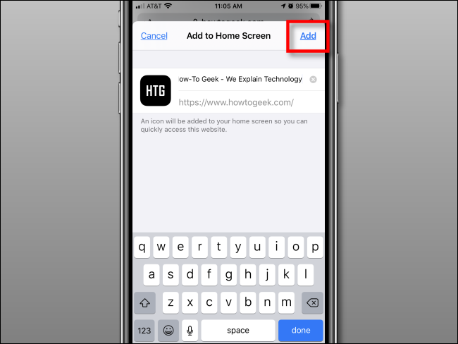 Toque em Adicionar para adicionar o ícone à tela inicial do iPhone