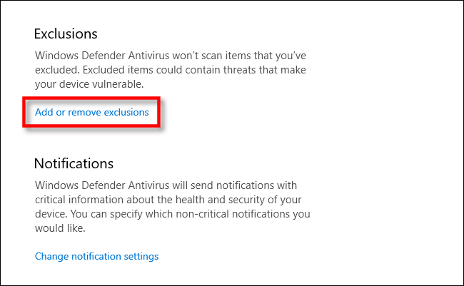 Selecione adicionar ou remover exclusões do Windows Defender no Windows 10