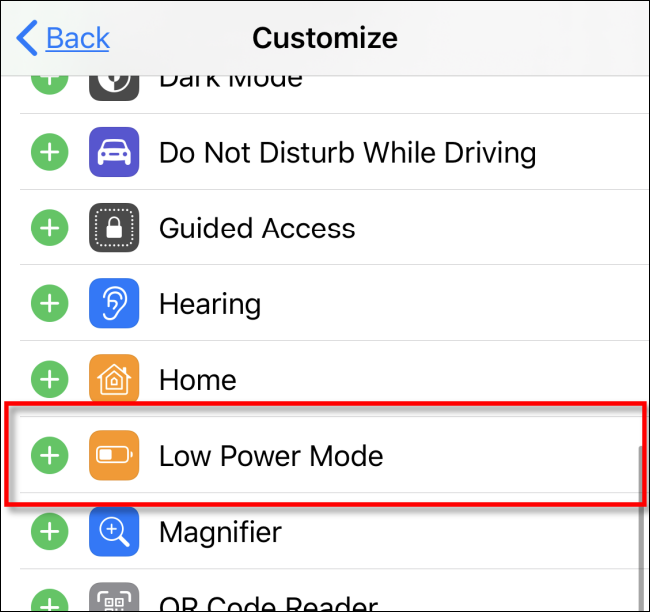 Adicione o modo de baixo consumo de energia ao centro de controle no iOS iPadOS
