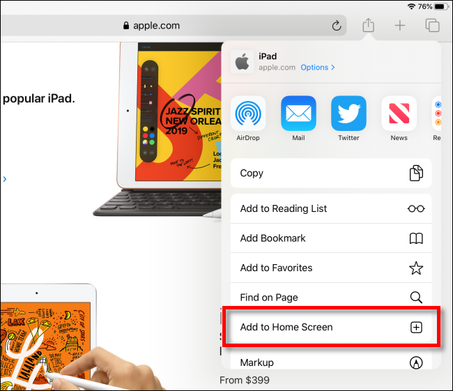 Toque em Adicionar à tela inicial no Safari no iPad