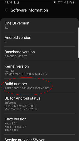 Opção de número de versão nas configurações do telefone Android