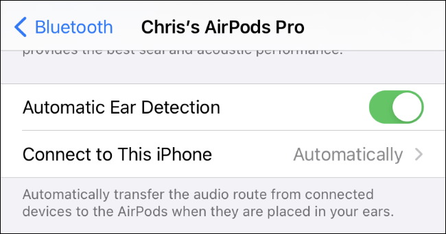 As configurações "Conectar a este iPhone" para AirPods.