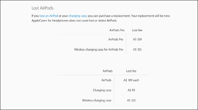 A página "AirPods perdidos" no site da Apple. 