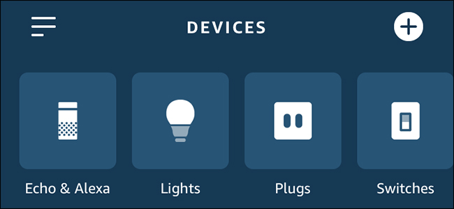 Aplicativo Alexa mostrando luzes, plugues e interruptores.