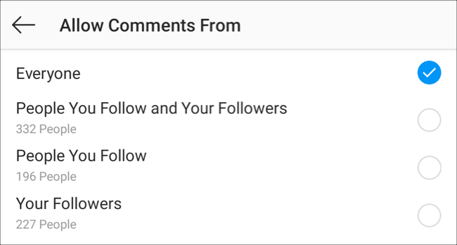Visite as configurações de "permitir comentários de" no aplicativo Instagram