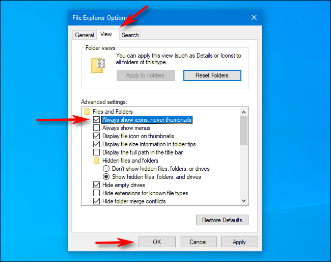 Marque Sempre mostrar ícones em vez de miniaturas nas Opções do Explorador de Arquivos no Windows 10