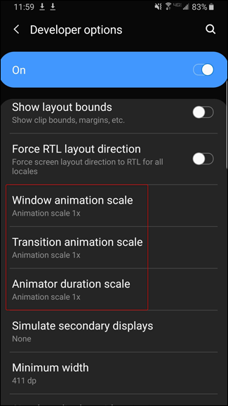 Configurações de escala de animação na tela de opções do desenvolvedor do Android.