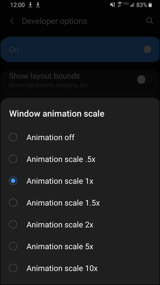 Várias opções de escala de animação de janela no Android