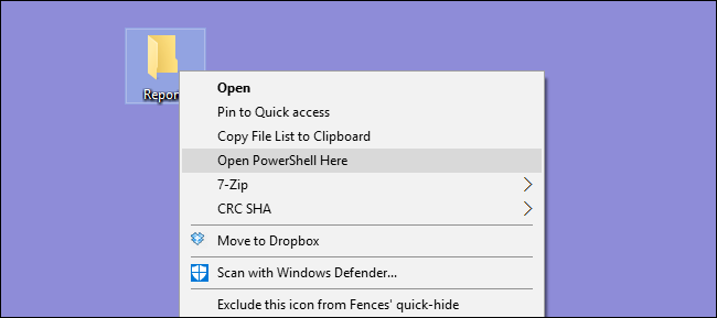 A opção "Open PowerShell Here" no menu de contexto.