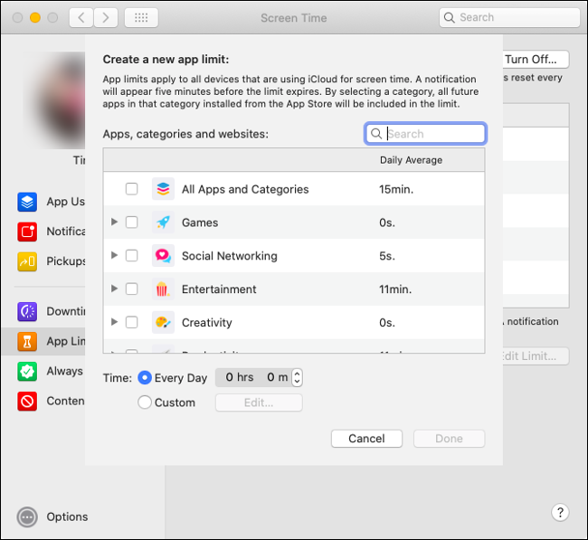 O menu "Criar um novo limite de aplicativo" no aplicativo Tempo de tela.