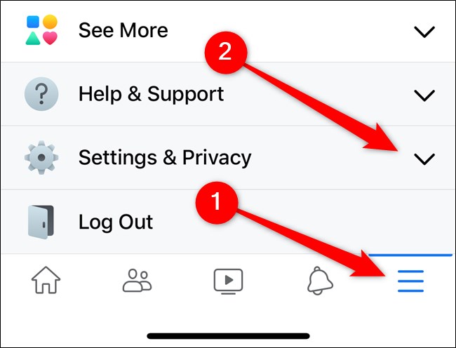 Apple iPhone Facebook App Selecione Menu Hamburger e, em seguida, Configurações e Privacidade