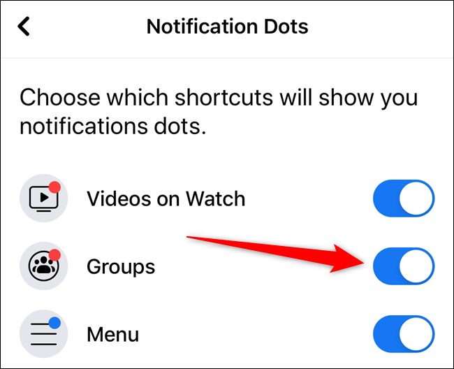 Apple iPhone Facebook App Alternar pontos de notificação por item