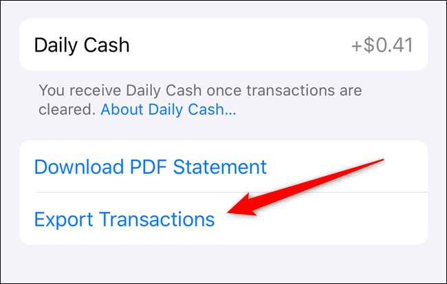 Apple iPhone Selecione Exportar transações no aplicativo Wallet