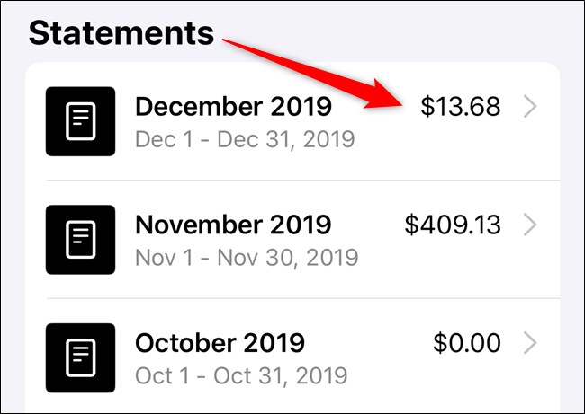 Extrato mensal da Apple iPhone Select no aplicativo Wallet