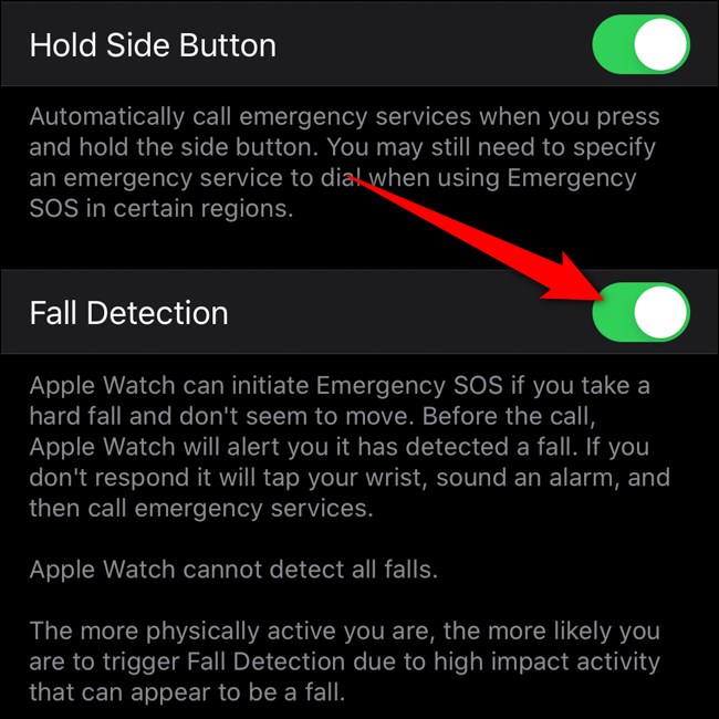 Apple iPhone Watch App Alternar detecção de queda
