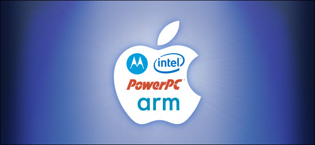 Um logotipo da Apple com os logotipos de arquitetura de CPU da Motorola, PowerPC, Intel e Arm dentro.