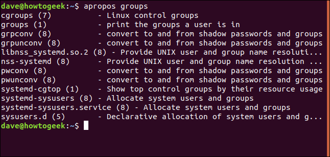 resultados apropos para o grupo em uma janela de terminal