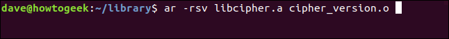 ar -rsv libcipher.a cipher_version.o em uma janela de terminal