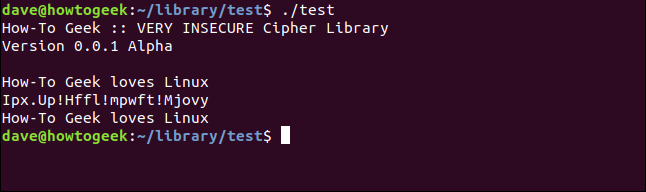 saída do programa de teste em uma janela de terminal