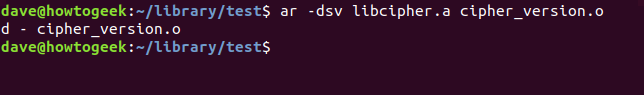 ar -dsv libcipher.a cipher_version.o em uma janela de terminal