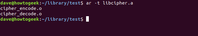 ar -t libcipher.a em uma janela de terminal