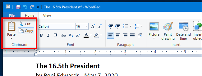 Copie, corte e cole em uma interface típica da faixa de opções do Windows