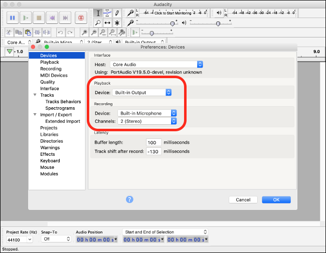 Audacity Preferences no macOS