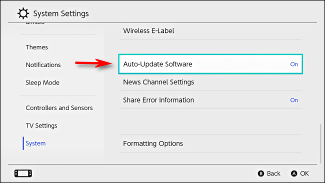 Selecione o software de atualização automática nas configurações do switch Nintendo