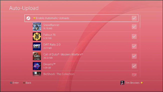 O menu "Auto-Upload" no PS4.