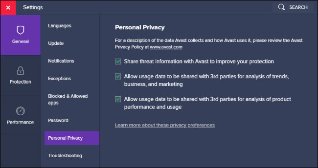 Opções de compartilhamento de dados de privacidade pessoal no Avast.