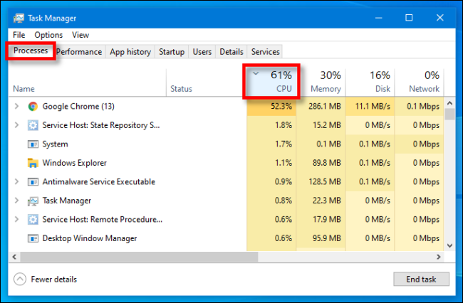 No Gerenciador de Tarefas do Windows 10, selecione a guia "Processos" e clique no cabeçalho "CPU".
