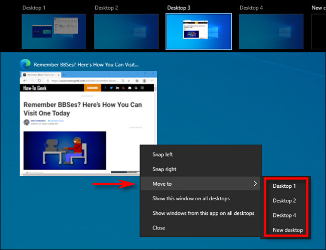 Na Visualização de Tarefas do Windows 10, clique com o botão direito do mouse em uma miniatura da janela e selecione "Mover para".