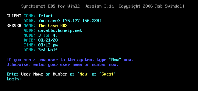 A tela de login do Cave BBS em uma janela SyncTERM.