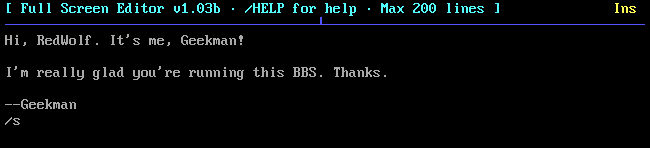 Uma mensagem de validação e "/ s" solicitando acesso ao BBS "The Cave". 