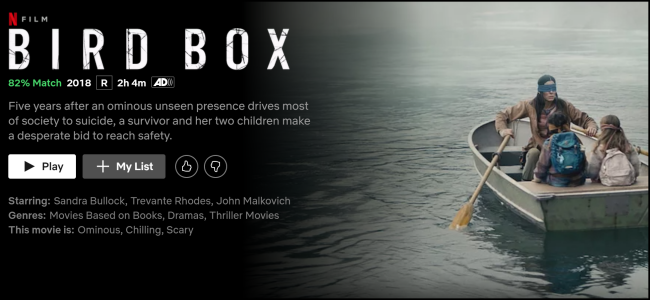 A página de exibição "Bird Box" no Netflix.