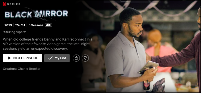 A página de exibição "Black Mirror" na Netflix.