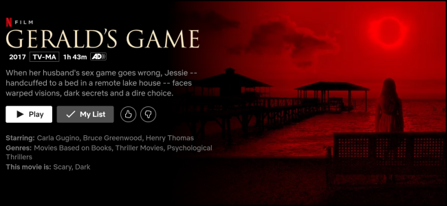 A página de exibição do "Jogo de Gerald" na Netflix.
