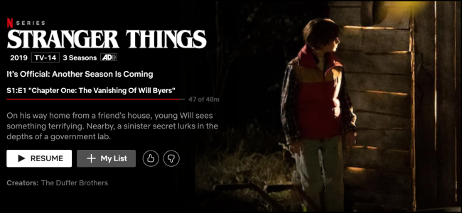 A página de exibição "Stranger Things" no Netflix.