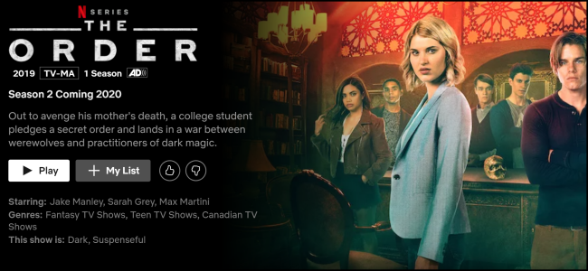 Página de exibição "The Order" no Netflix.